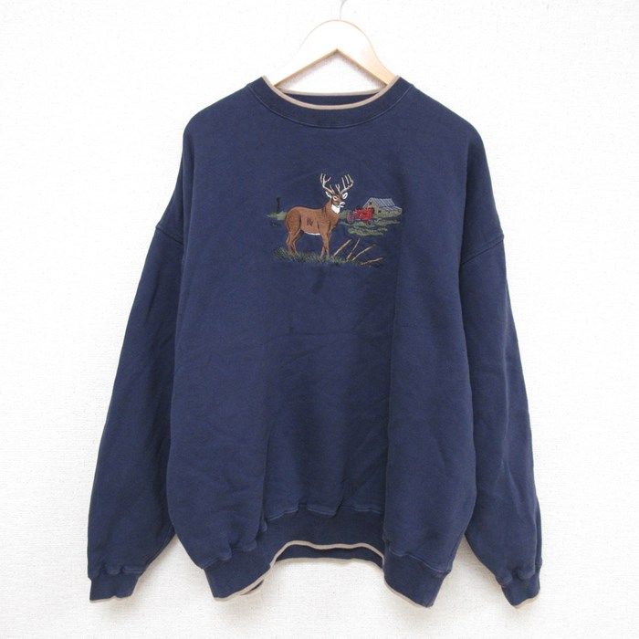 ネイビー刺繍長袖スウェット XL/古着 長袖 スウェット メンズ シカ 刺繍 大きいサイズ クルー