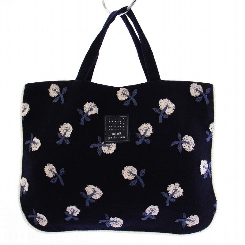 ミナペルホネン mina perhonen skip トートバッグ ハンドバッグ 花刺繍 ウール ネイビー RA7322P |KH