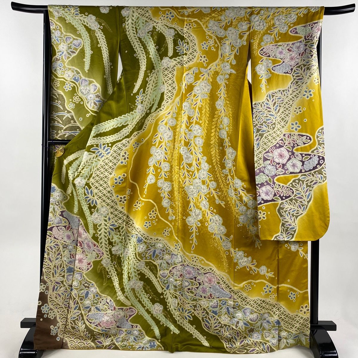 振袖 身丈171cm 裄丈66cm M 袷 辻が花 金通し 染め分け からし色 正絹  