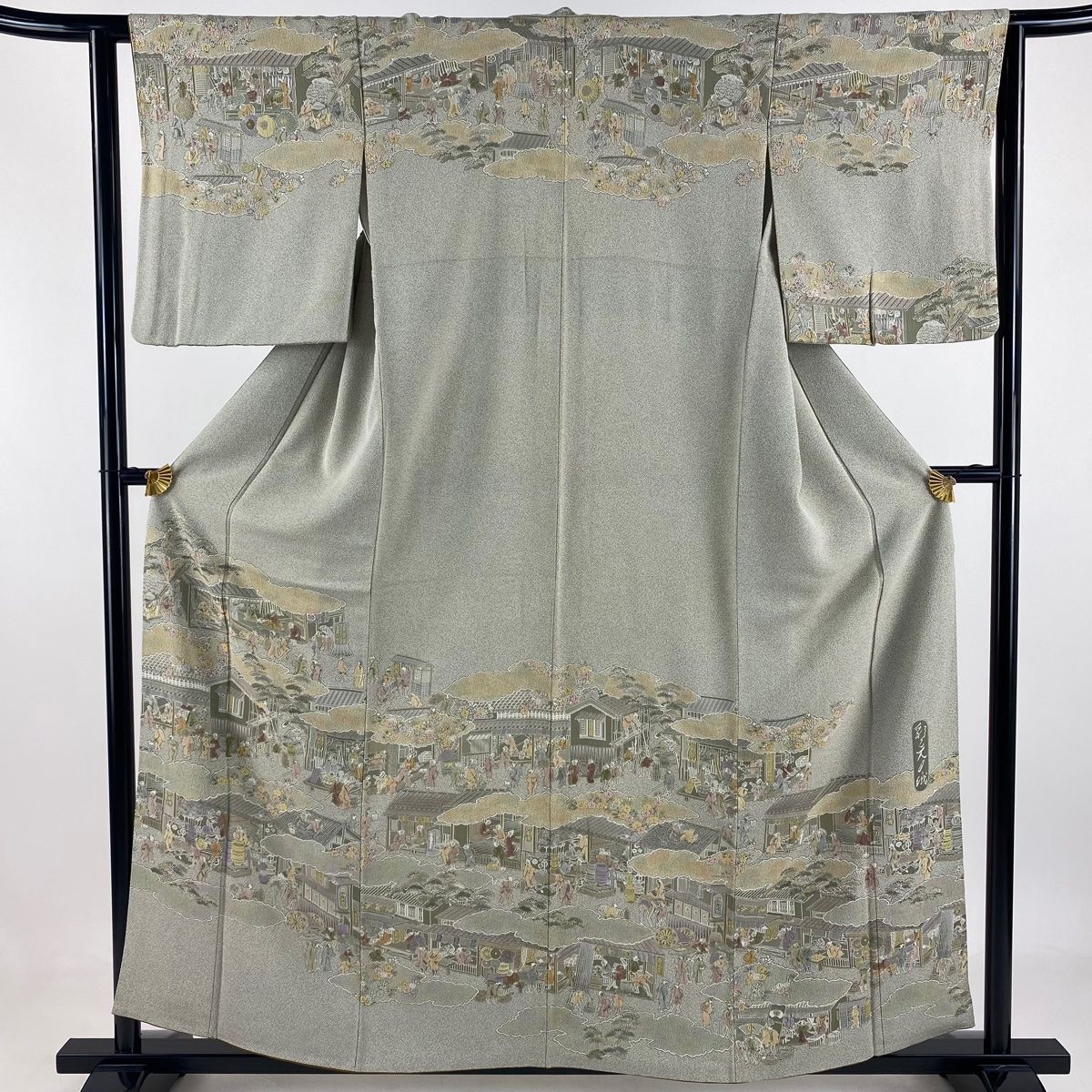 訪問着 身丈158cm 裄丈63cm S 袷 風景 人物 灰緑 正絹 名品 【】