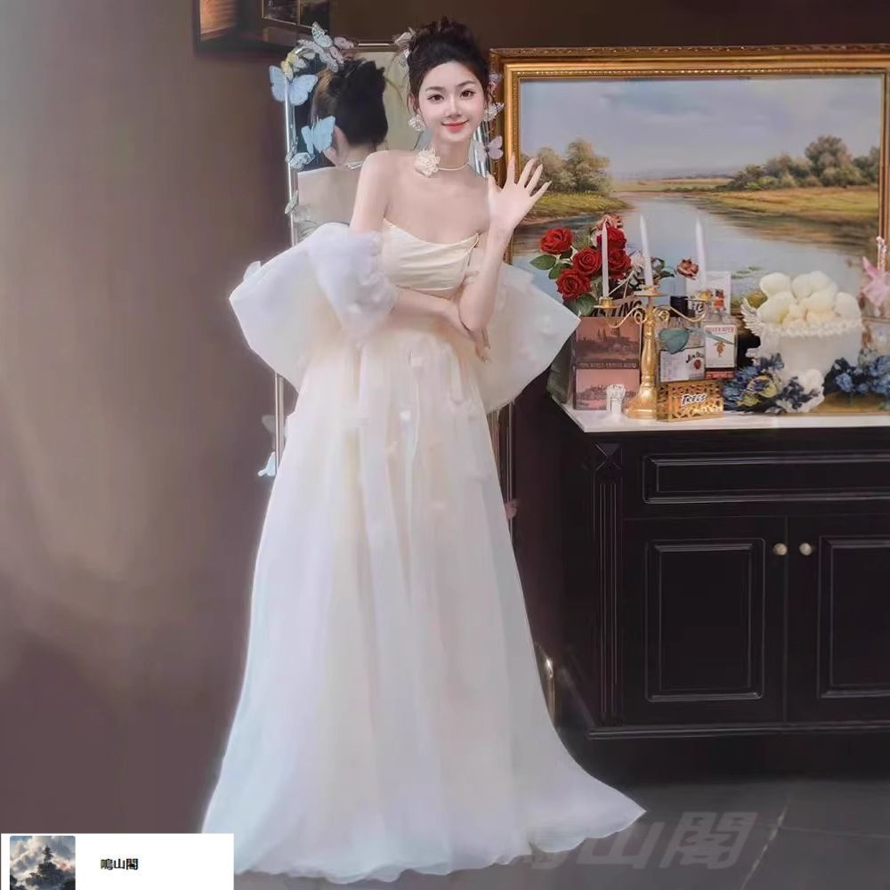 フレンチ風 オフショルダー 軽ウェディングドレス 夏 森ガール風 フェアリー 花嫁用 エンゲージメントドレス 感 結婚式 出退場ドレスCYB19デザイン刷新