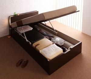 ベッド ベット 収納付きベッド 収納 収納付 跳ね上げベッド 深型 コンセント付 大容量 宮付き 照明 日本製 おしゃれ モダン お客様組立 羊毛入りゼルトスプリングマットレス付 縦開 セミダ