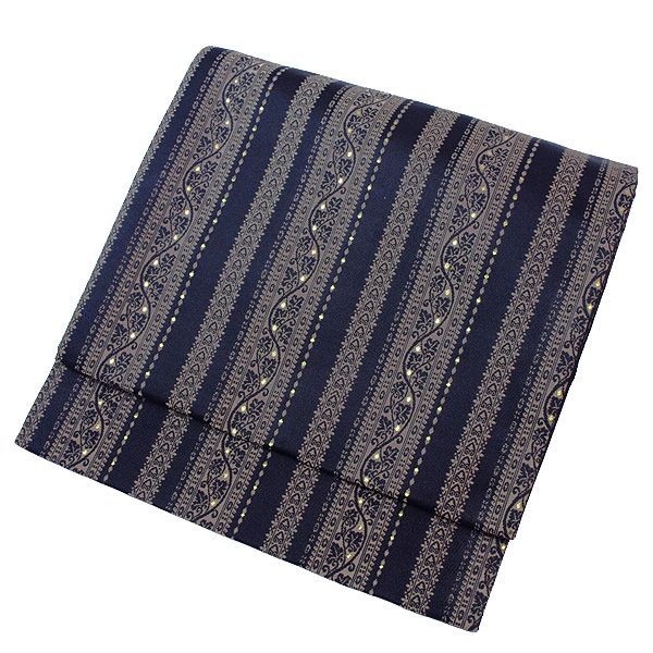 京袋帯 お太鼓 一重太鼓 黒 シャンパンゴールド 縞 アラベスク 唐草 リバーシブル ポリエステル 仕立て上がり 女性 帯 着物 20代 30代 40代 50代 60代 70代