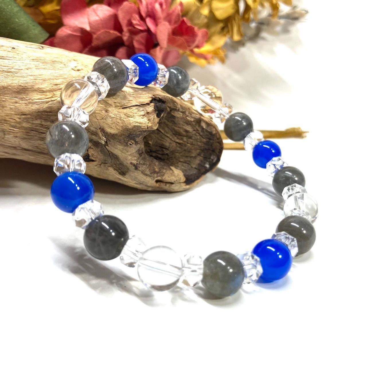 ラブラドライト 青瑪瑙 水晶  天然石 パワーストーンブレスレット 8mm（カット水晶）レディース 女性  数珠ブレス 開運 プレゼント ギフト