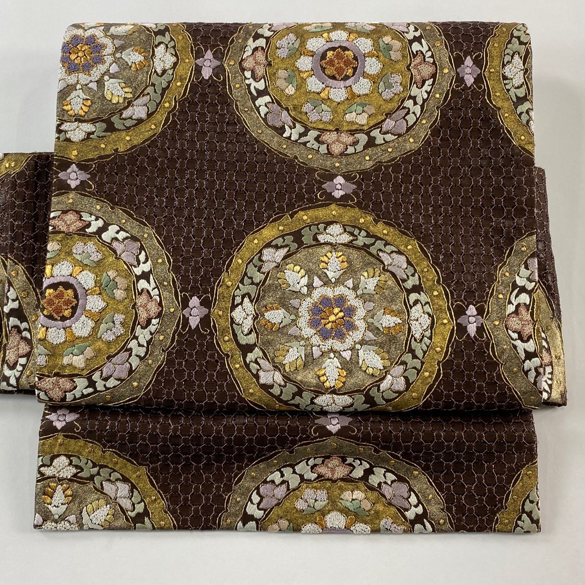 付け帯 作り帯 華文 刺繍 箔 焦茶色 正絹