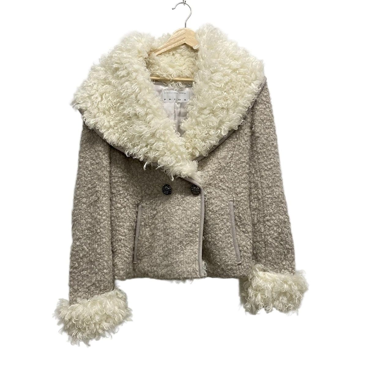 PRIDE プライド コート サイズ38 M レディース - ベージュ×アイボリー 長袖 フェイクファー ビジューボタン ショート丈 秋 冬