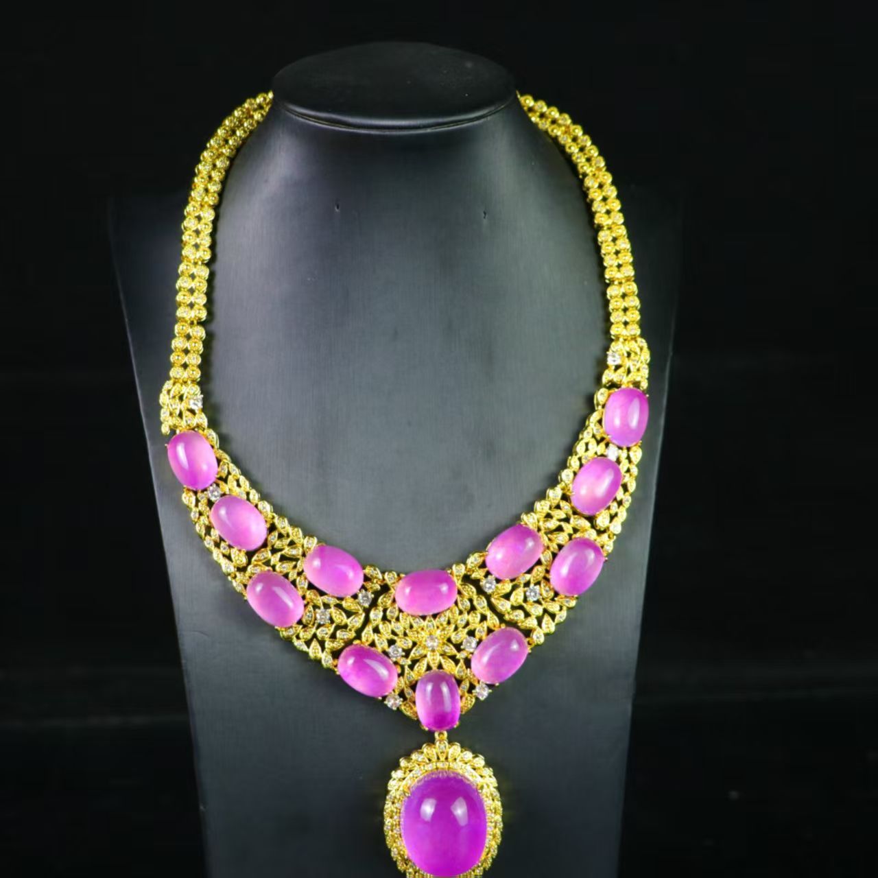 清代 宮廷御蔵 髙氷 宝石彫 紫宝石 嵌宝石 ネックレス アクセサリ 置物 時代物 旧家蔵岀し 唐物 中国古 R092603