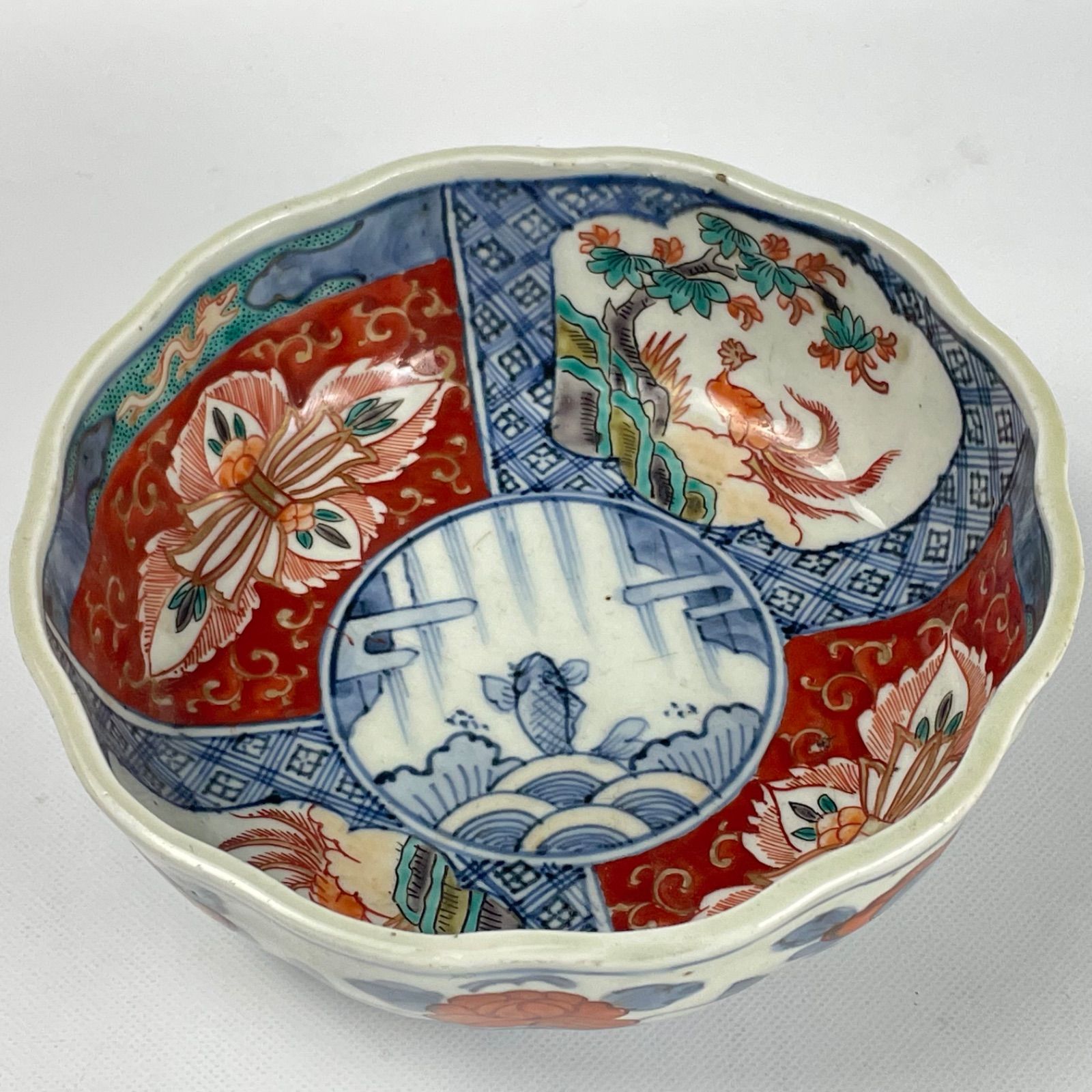 即納最新品古伊万里 染付 金彩 色絵 極密極彩 鯉と鳥図 22cm 大鉢 菓子器 江戸後期 美品 bdim-34b615 色絵