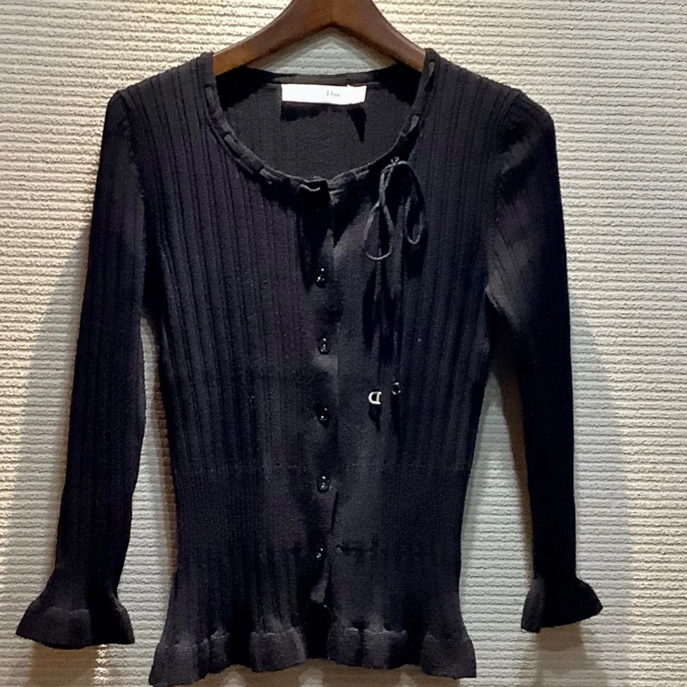 クリスチャンディオール ChristianDior CDチャーム付き リボンリブ ニット カーディガン カットソー 黒 ブラック 38 レディース E511