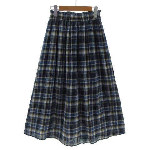 サマンサモスモス SM2 スカート フレア ミモレ丈 ウエストゴム コットン混 チェック ブルー 青 ホワイト 白 黄土色 F