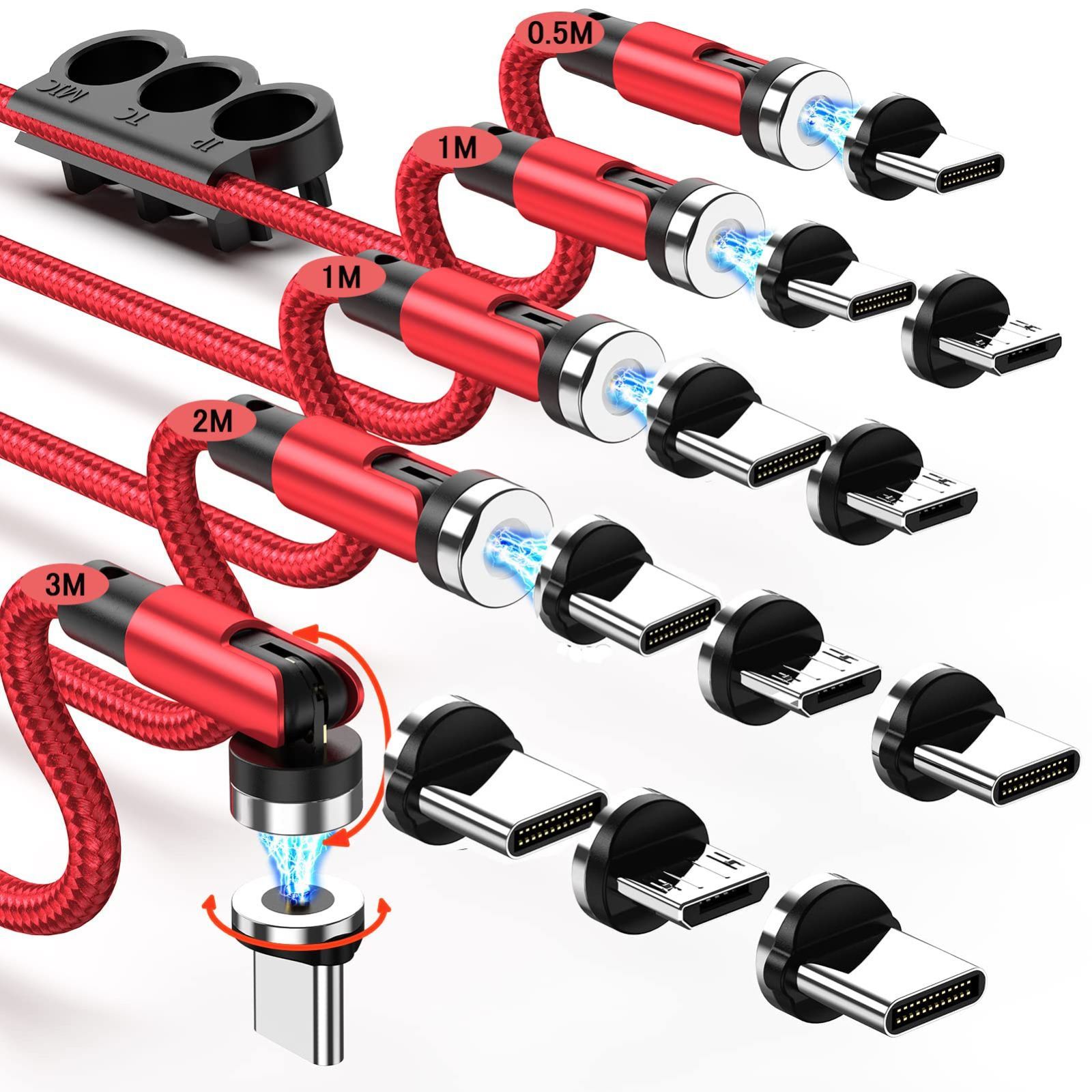  【特価商品】マグネット 充電ケーブル 【5本セット/0.5+1Mx2+2M+3M＆12コネクタ】 LEDライト内蔵 USBケーブル 3in1 充電器 マグネット 540°回転可能 急速充電 防塵 USBC Micro USB Phone 全機種/PlaySta その他