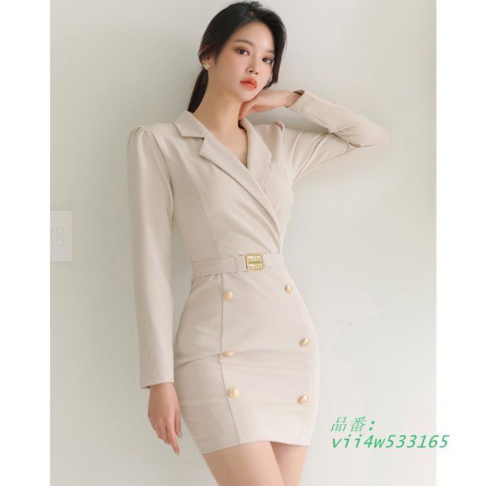 襟付きカシュクール 長袖ショートタイトワンピース