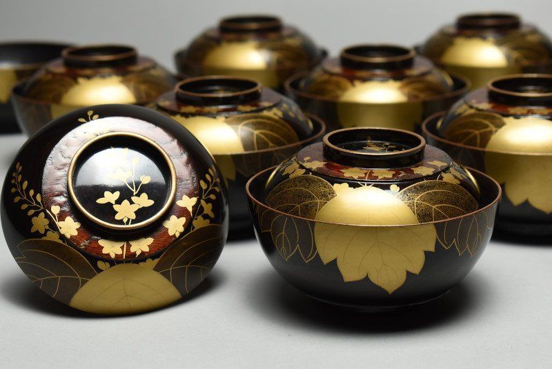 蔵A4224b 時代 蒔絵桐文 吸物椀 汁椀 十客