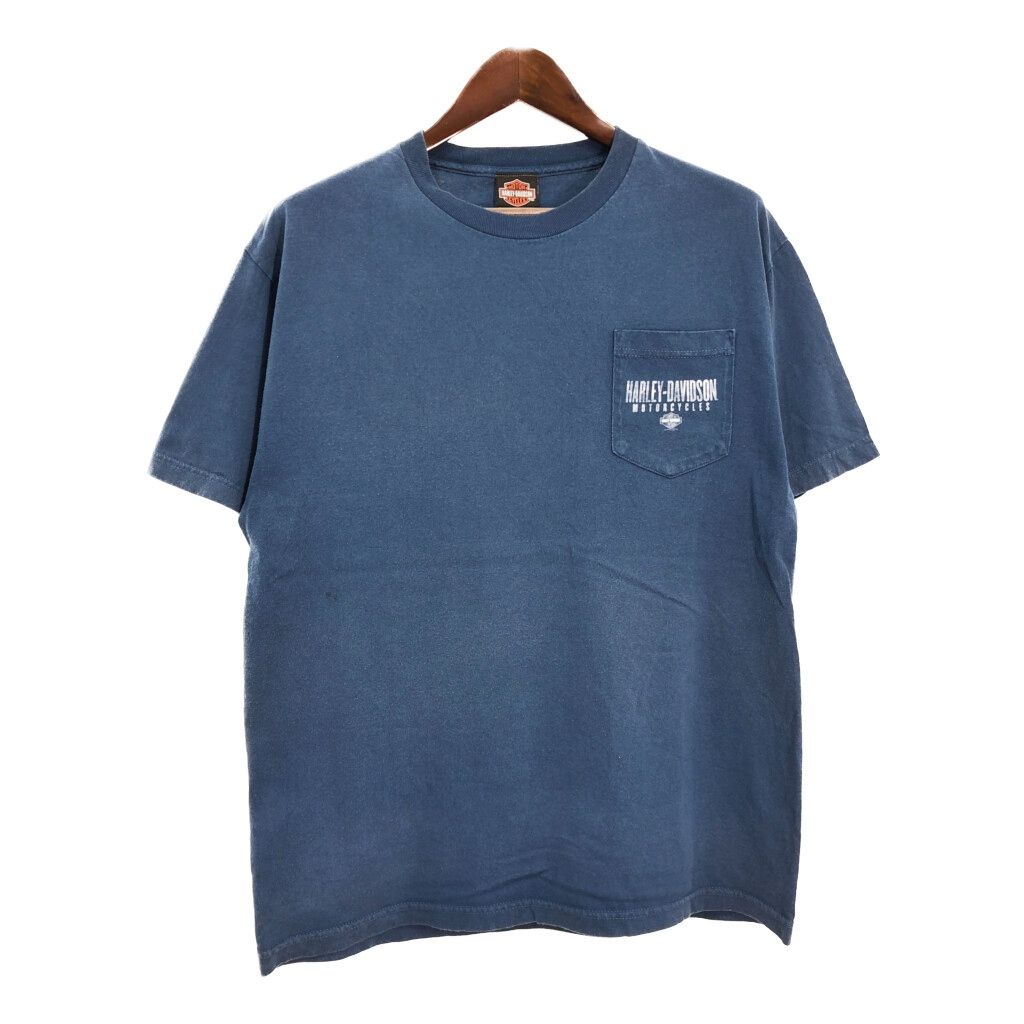 HARLEY DAVIDSON ハーレーダビッドソン ポケットＴシャツ モーターサイクル ブルー メンズ L 古着 U1263