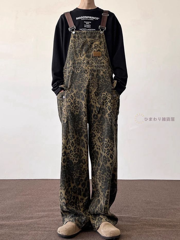 オーバーオール メンズ 豹柄 ワイドパンツ デニムパンツ ビッグパンツ ロングパンツ 豹柄 パンツ大きいサイズ 作業着 サロペット ゆったり カジュアル おしゃれ gjdz Yvs1199