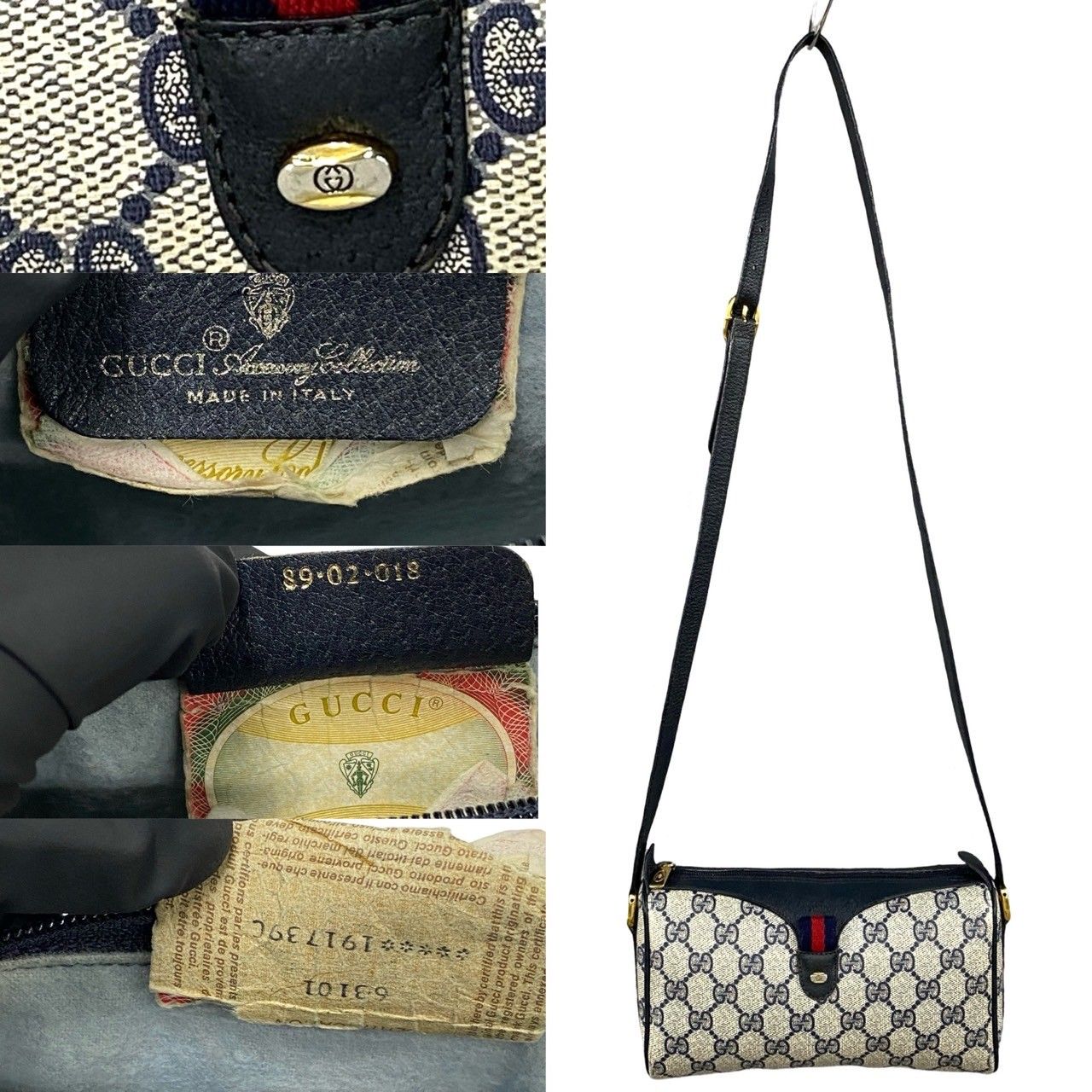 極 美品 GUCCI グッチ オールドグッチ ヴィンテージ シェリーライン GG ロゴ 金具 レザー ショルダーバッグ ポシェット ネイビー 33629