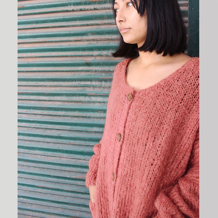 つつむ 手編みモヘアロングカーディガン●若草オリーブ