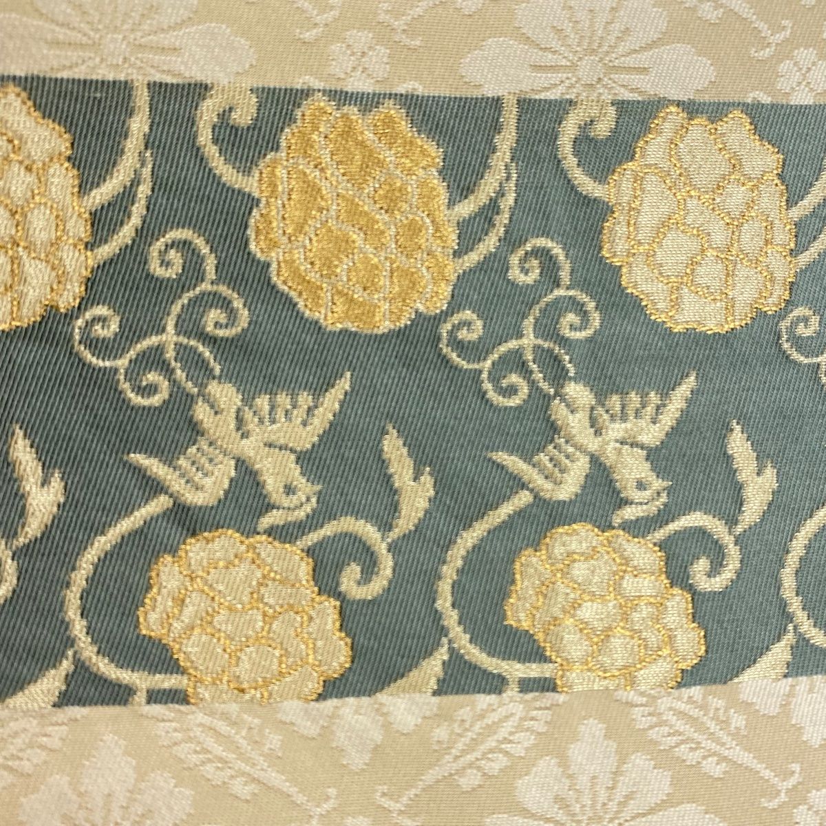 袋帯 美品 秀品 段縞 草花 金糸 ベージュ 全通 正絹 【中古