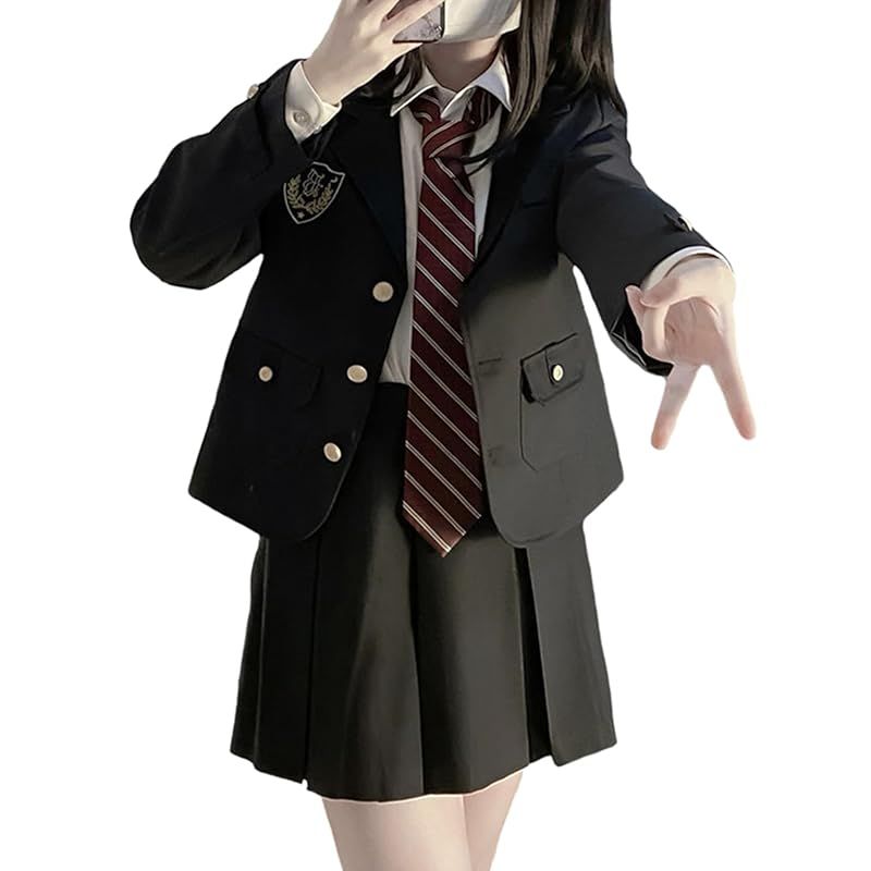 QOOLY? ブレザー 黒 女子高生 コスプレ 制服 4点セット プリーツスカート ネクタイ シャツ 学生服 女の子 高校生 コスチューム 仮装 フォーマルスーツ 女子制服 卒業式 入学式 学園祭 文化祭 XL 0