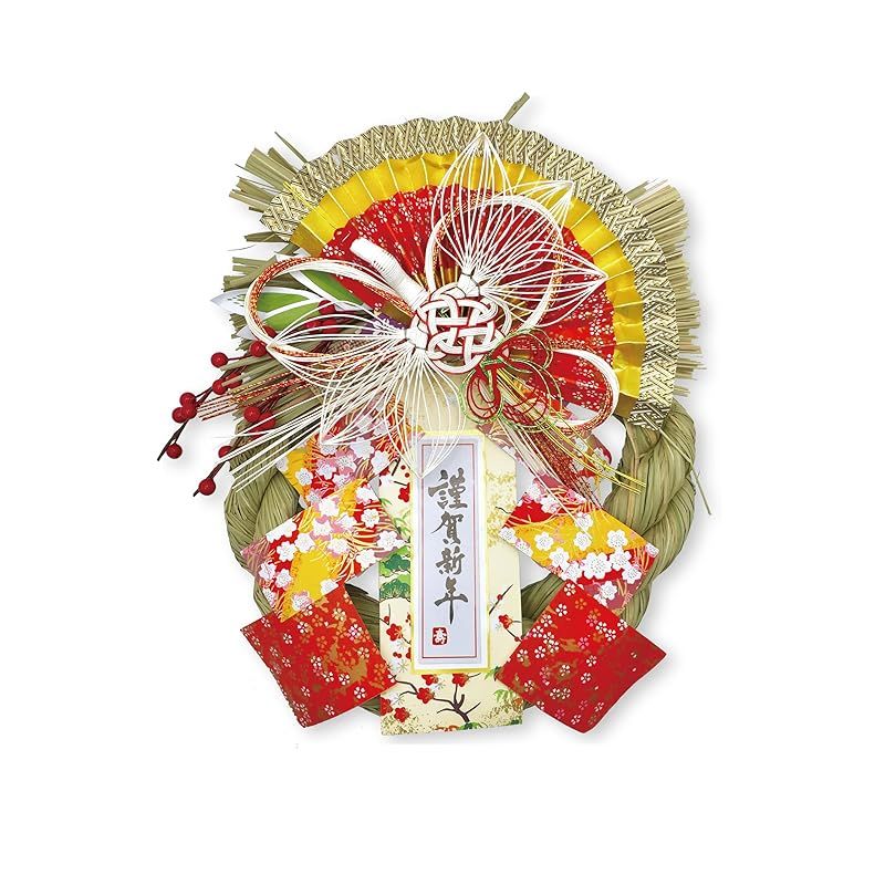 ［ 2025年 mamawreath しめ縄 正月飾り ］鶴 つる 正月飾り 玄関 玄関用 しめ縄 お正月リース 松 サイズ 水引 扇 ゴールド 縦 33cm 横 30cm 厚み 9cm 飾り (正月飾り 華満開) LD-8661)