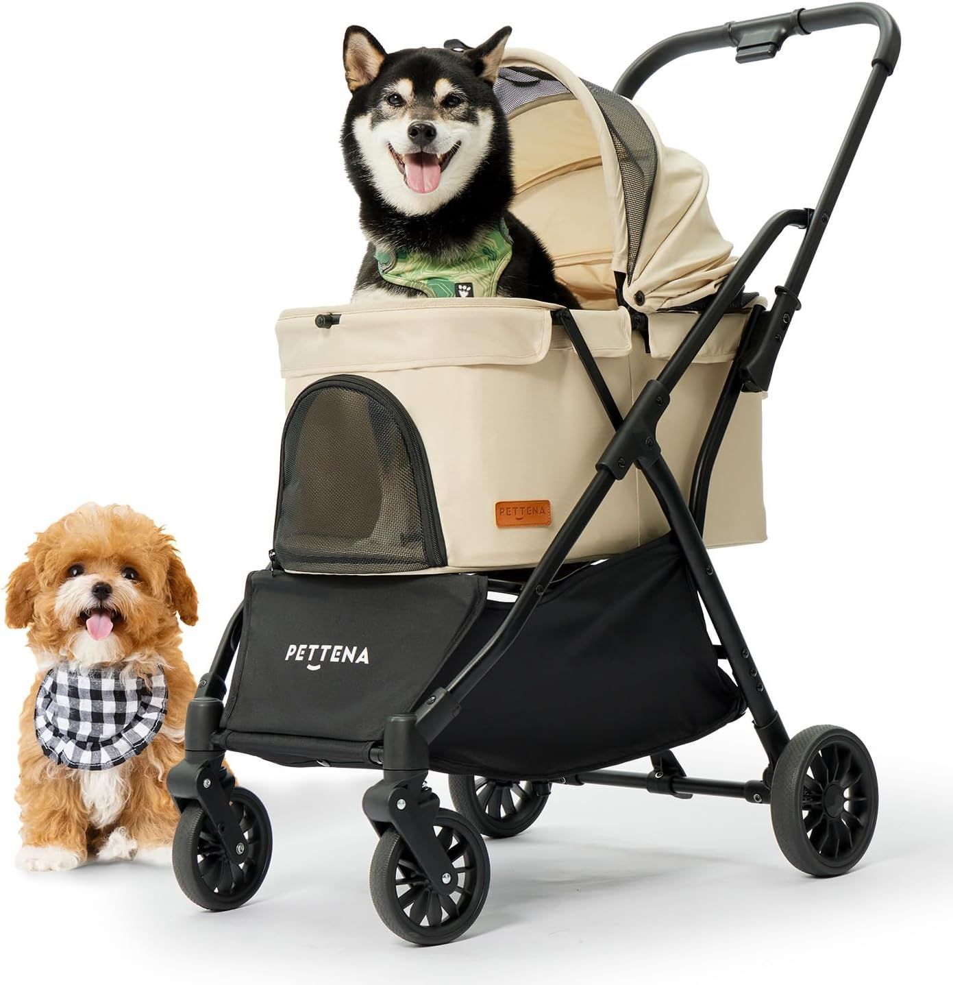 PETTENA ペットカート 小型犬 犬カート 中型犬 自動折り畳み 20KG耐荷重 EN1888規格に適合 軽量でコンパクト 自立 外出便利 犬用バギー 猫 安定性最高 広い空間 三つ通気窓 快適性アップ 犬用ベビーカー お出かけ 散歩 ベージュ