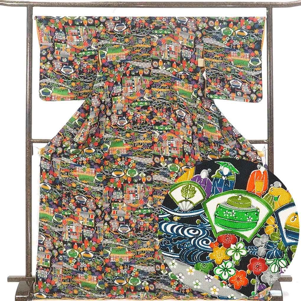 小紋 身丈178cm 裄68cm 前幅25cm 後幅30cm 袖丈52cm 袖幅34cm レディース 袷 ぶんぶく茶釜 裄長 裄Lサイズ 秋冬春用 正絹 シルク ネイビー トールサイズ リメイク リユース リサイクル 呉服のきくや