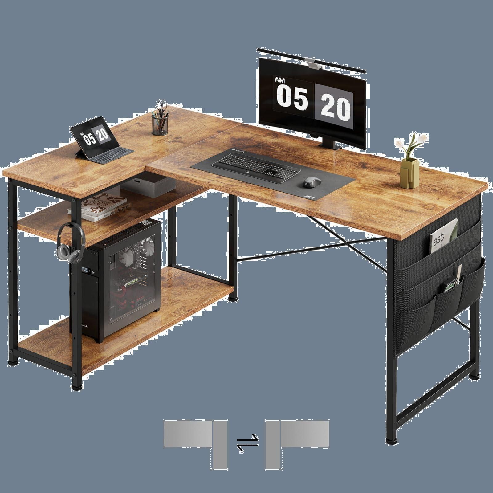 リモートワーク 在宅ワークデスク L字型 ゲームデスク 作業机 棚板高さ調節 つくえ コーナーデスク desk ラック付き 幅99cm 右棚左棚 パソコンデスク 勉強机 学習机 ピンテージ pcデスク 机 l字デスク Maihail