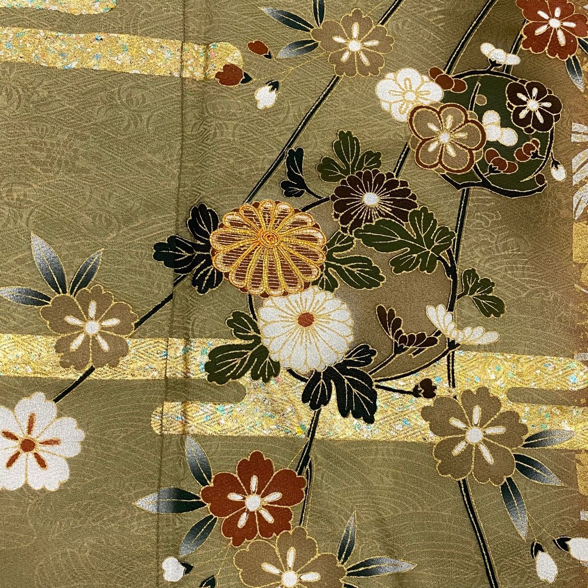 訪問着 身丈165.5cm 裄丈69cm L 袷 菊 ヱ霞 金糸 金銀彩 茶緑色