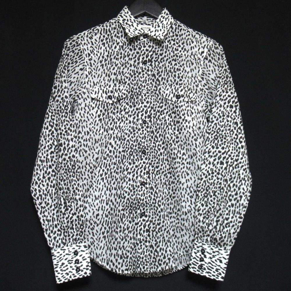 美品 SAINT LAURENT PARIS サンローランパリ エディ期 ベイビーキャット レオパード柄 長袖 シャツ 36/14 ホワイト×ブラック メンズ 古着 中古 USED