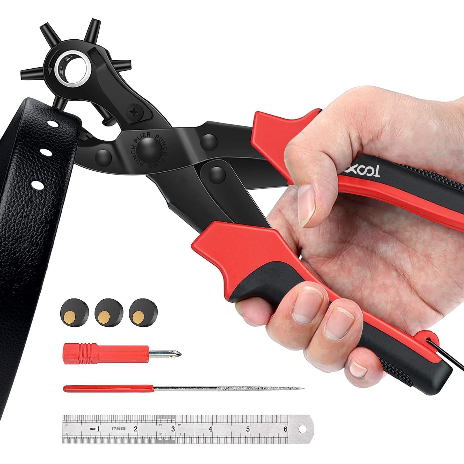 XOOL レザーパンチ レザークラフト用 回転式 穴あけパンチ ベルト 皮革 穴開け ベルト穴あけ機 ベルトポンチ 時計ストラップ ベルト 厚紙 革製品 スクリュードライバーと研削棒を含む 穴あけ