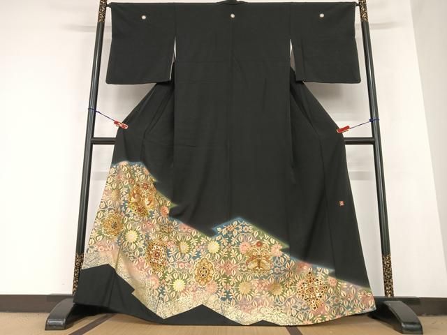 平和屋着物●豪華黒留袖 作家物 駒刺繍 双鳥花文 暈し染め 金彩 正絹 AABB6422zg