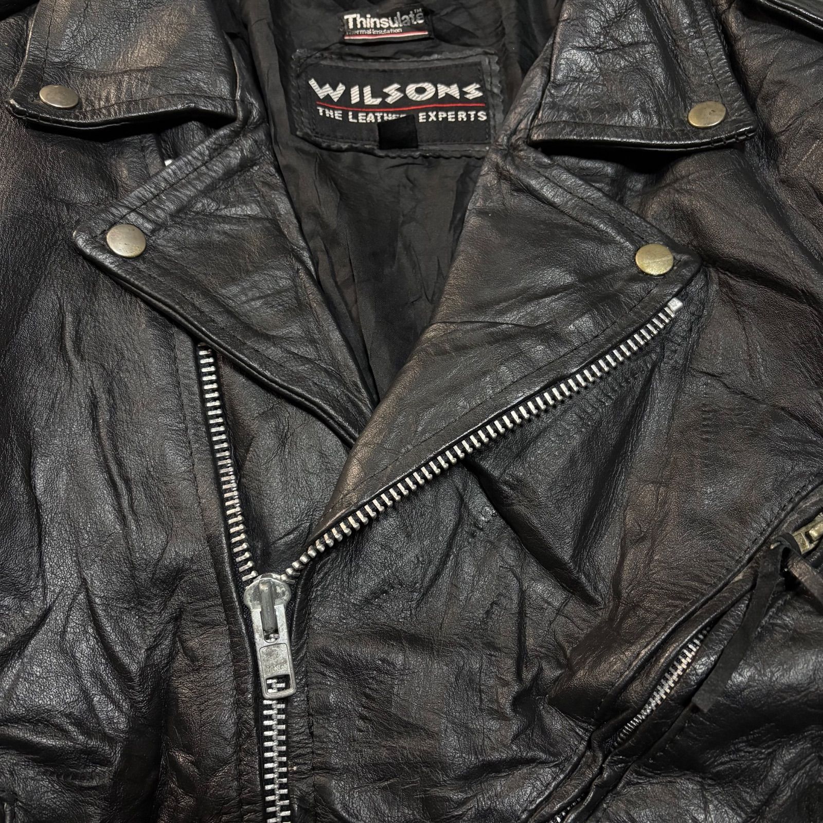 WILSONS ブラック レザーダブルライダースジャケット WILSONS ショート丈 ダブルライダース レザージャケット 黒 XS