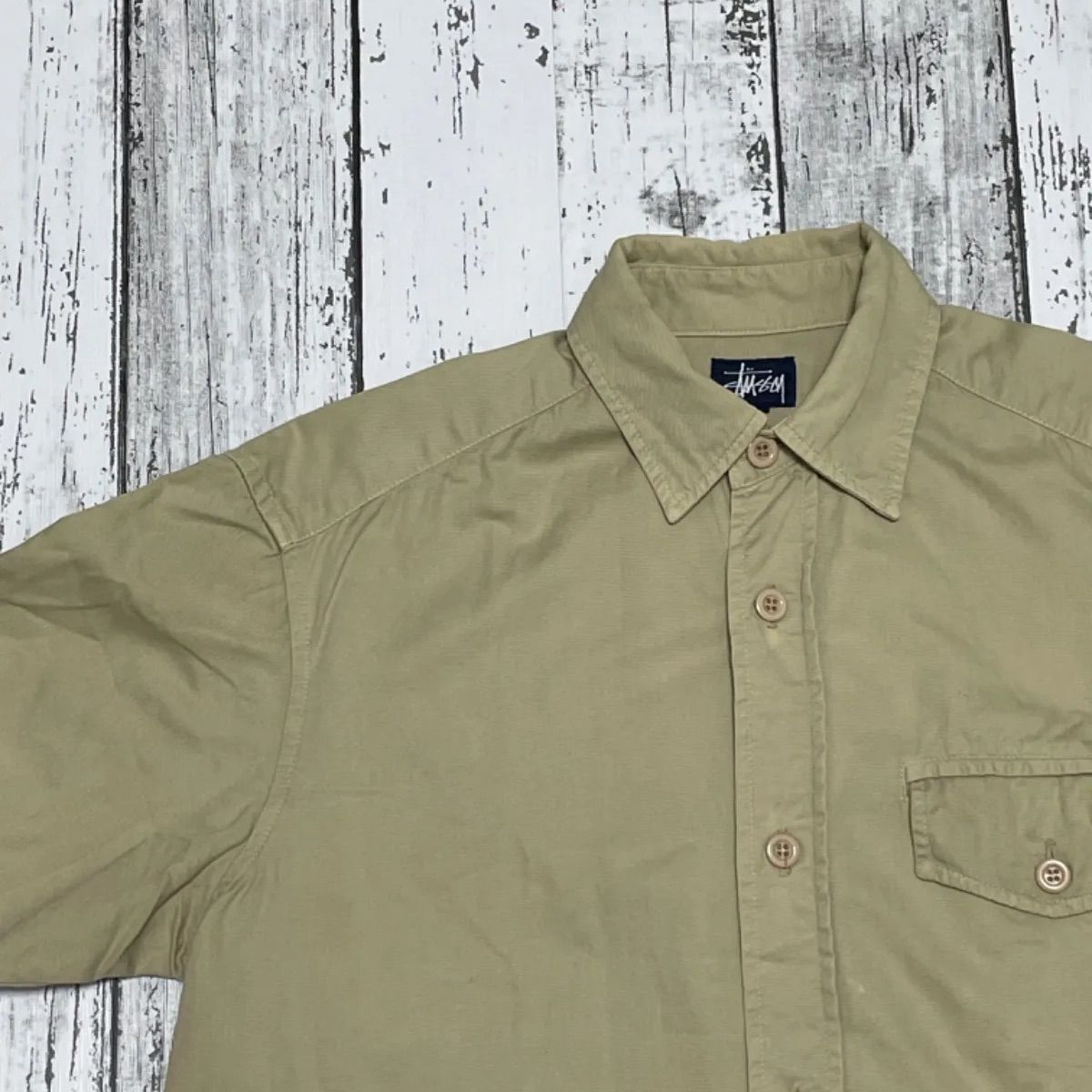 Old Stussy オールド ステューシー 紺タグ90s半袖シャツ カーキ USA製 