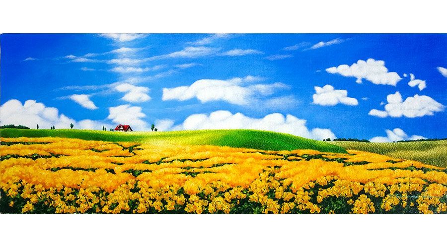 油彩画 里中游 「幸せの丘（III)」 WF3号 油絵 額入り ヨコ長の