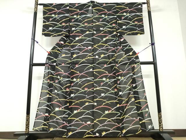 平和屋着物＊夏物 小紋 絽 草花文 黒地 銀彩 正絹 逸品