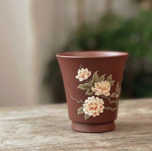 「手描き茶器」中国茶器 紫砂湯 100ml 絵柄「海棠」ボタン手描き 手作り作品 江蘇 宜興産 老紫泥 おしゃれ 湯 み 湯のみ 湯飲み 紫砂壺