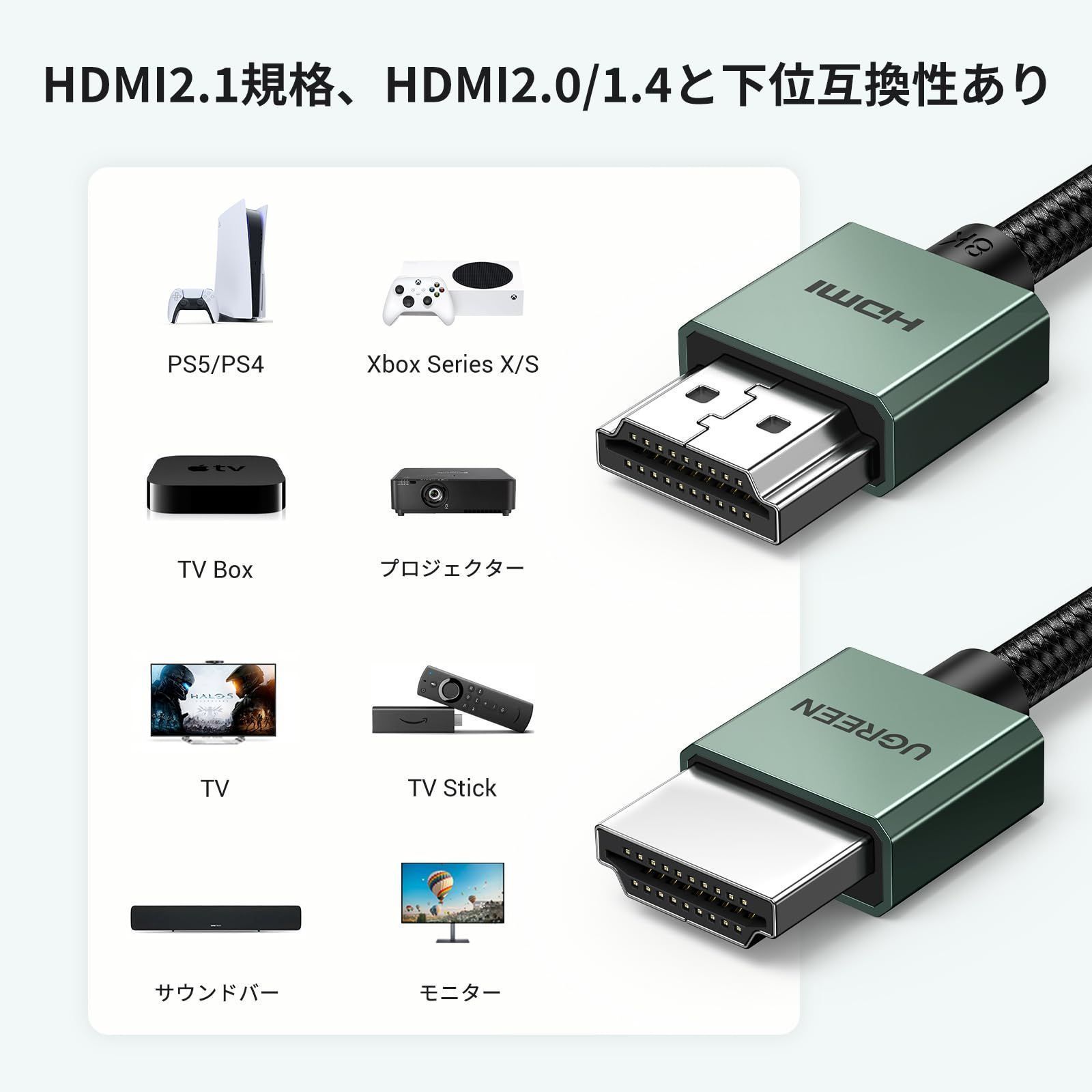 人気商品】UGREEN hdmi ケーブル 8K 極細 hdmi 2.1 ケーブル スリム 2m