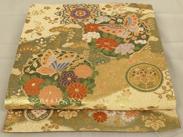 平和屋着物◎六通柄袋帯 唐織 扇面重ね花車文 金糸 正絹 逸品