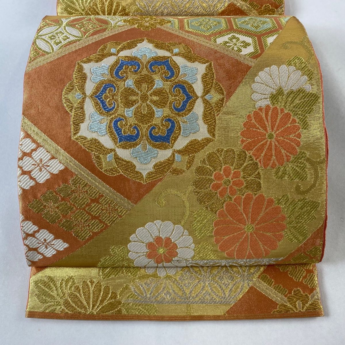 袋帯 名品 川島織物 落款 関西仕立て 華文 菊唐草 唐織 金銀糸 サーモンピンク 六通 正絹