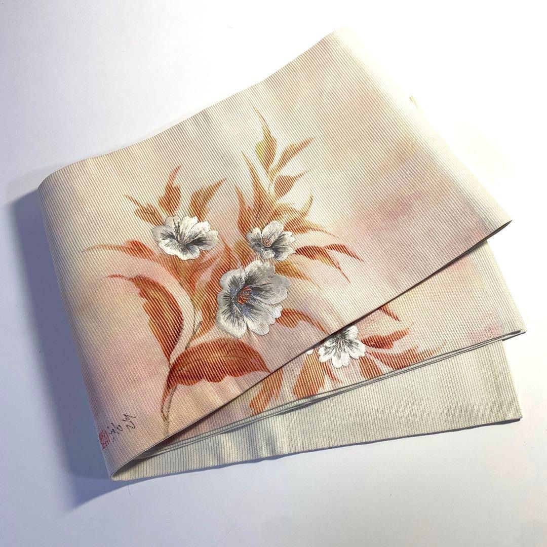 4k1142 名古屋帯 絹 夏帯 夏物 絽 蘇州刺繍 作家物 落款 白 赤 花柄 