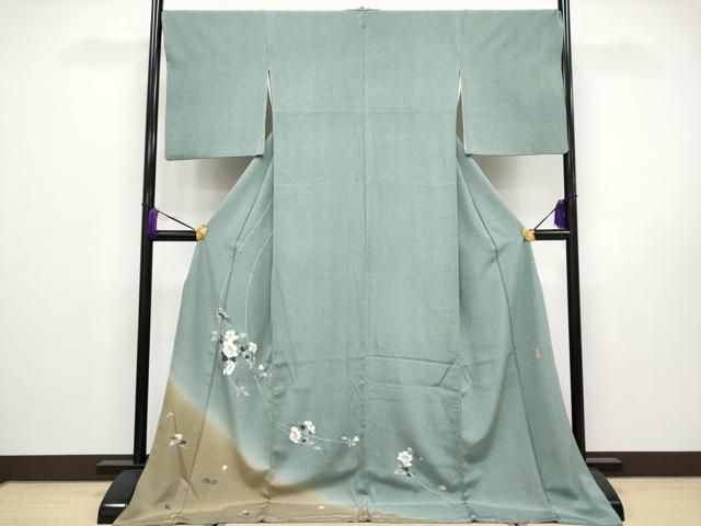 平和屋着物 上 本加賀友禅作家 大西正廣 訪問着 枝花文 暈し染め 青白橡色地 CYAA3057s5