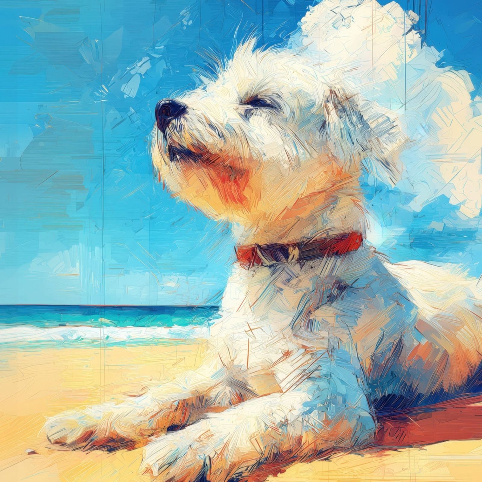 マルチーズ犬とビーチのスケッチ No.1 海 犬の絵 犬のイラスト おしゃれ ミニマリスト ミニマリズム シンプル インテリアアート ペットロス うちの子 記念日 アートポスター ギフト プレゼント