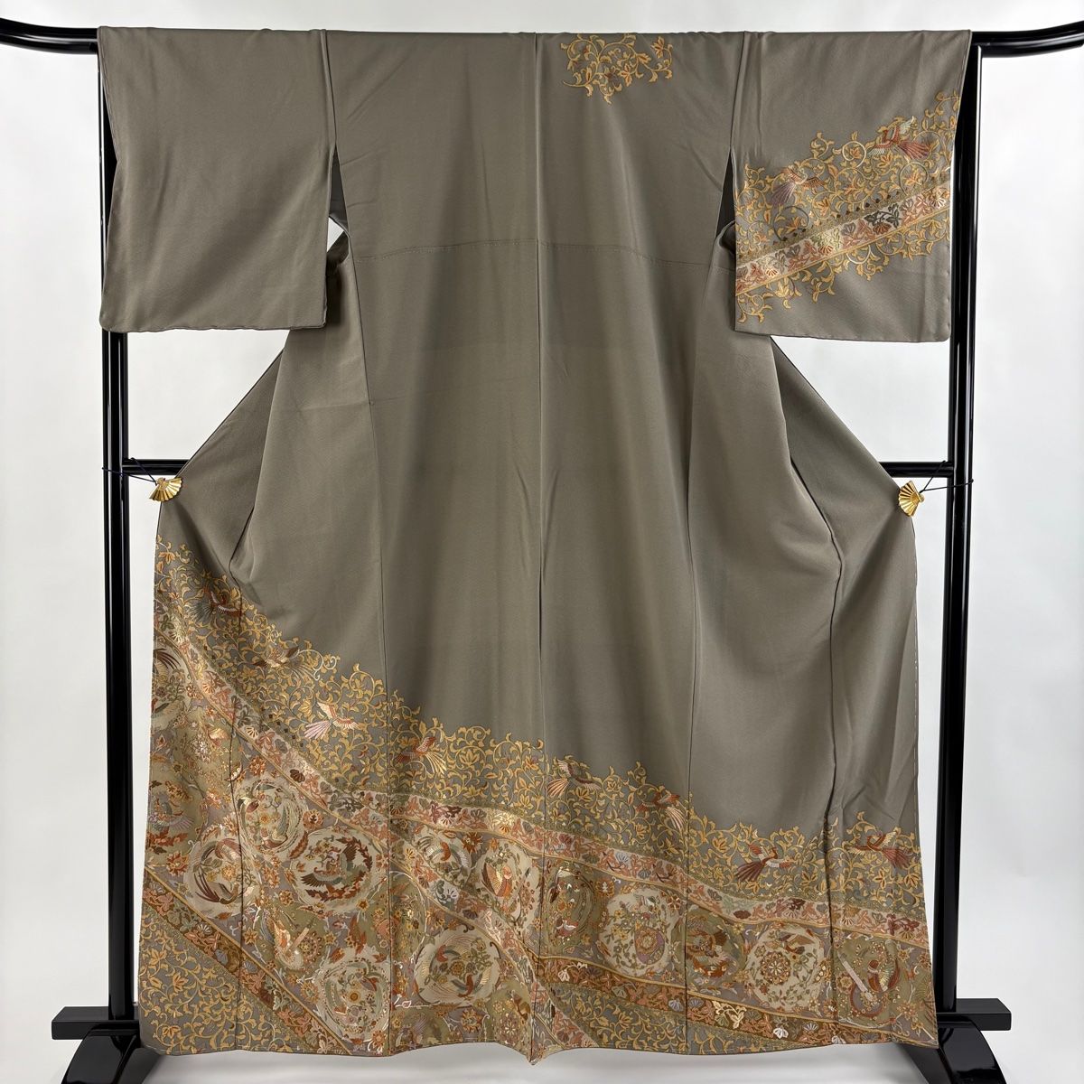 訪問着 身丈162cm 裄丈65cm M 袷 花鳥 華文 金糸 刺繍 灰茶 正絹 名品