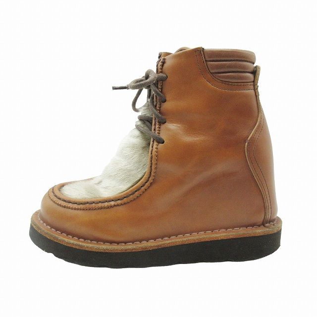 ミハラヤスヒロ MIHARA YASUHIRO GIANT TRREKING BOOTS アザラシ シールスキン ファー ジャイアント ブーツ  インヒール ウェッジソール ミドル丈 毛皮 レースアップ シューズ 靴 24.5 茶 ブラウン ベージュ △K10