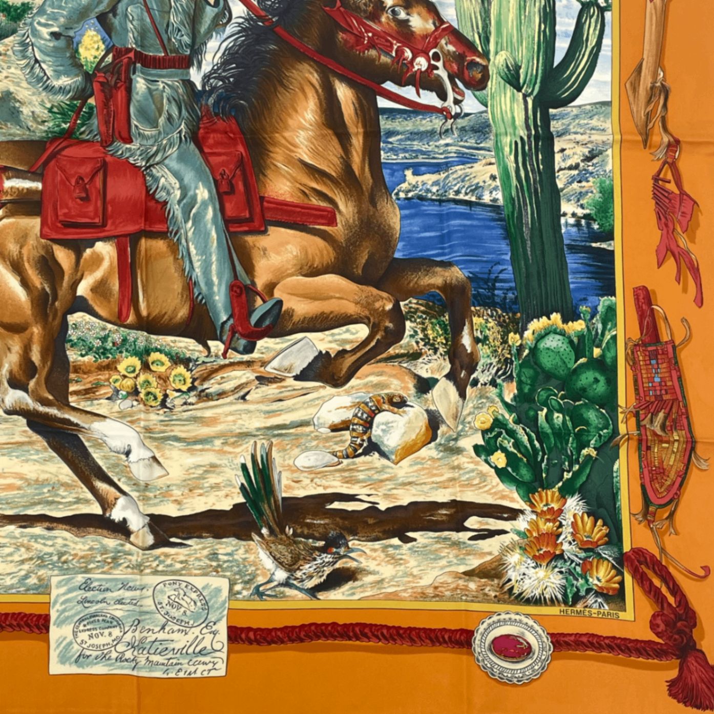 美品 HERMES エルメス カレ90 THE PONY EXPRESS 郵便社 馬 シルク スカーフ オレンジ x マルチカラー - メルカリ