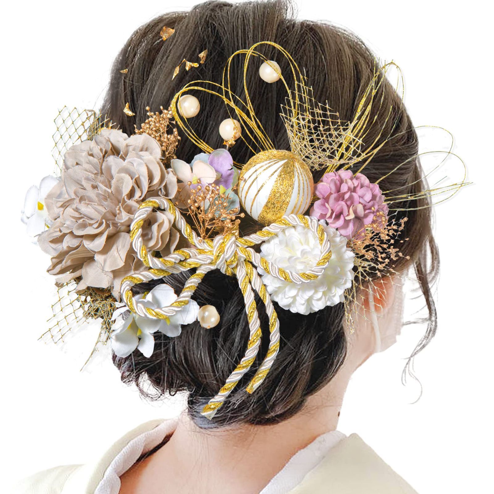 正規品，HOT [JZOON] 10色展開 ドライフラワー 髪飾り ダリア 造花飾り 和玉 赤 ヘアアクセサリー 成人式 ゴールド 水引 ヘッドパーツ あじさい 振袖 着物 卒業式 七五三 浴衣 袴 結婚式 かすみ草 和装 造花 和装小物