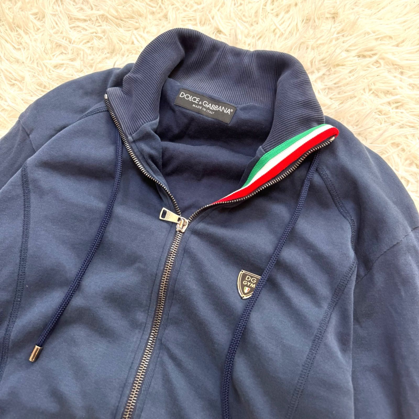 D-G DOLCE-GABBANA ドルチェアンドガッバーナ ドライバーズニット ブルゾン トリコロール イタリア国旗 ライン エンブレム メタルワッペン シルバーファスナー 内ポケット ネイビー 紺 メンズ 48