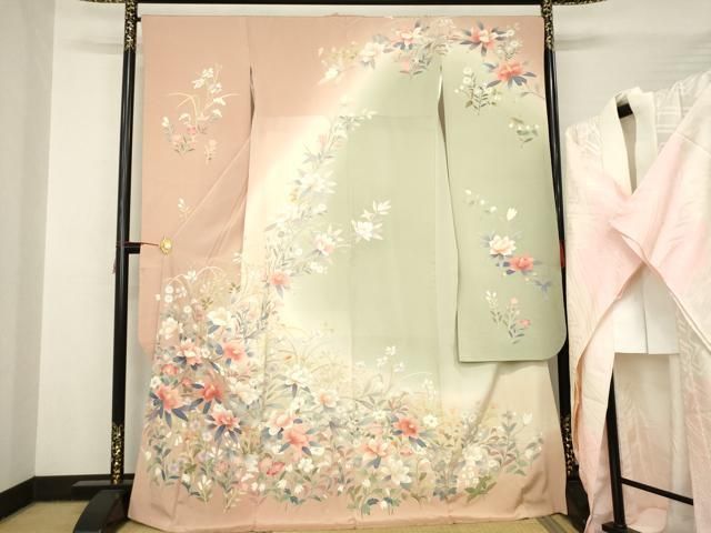 平和屋着物●豪華振袖・長襦袢(袷)セット　友禅　作家物　枝花文　暈し染め　正絹　逸品　AABC1947ck 平和屋着物○豪華振袖・長襦袢(袷)セット 友禅 作家物 枝花文 暈し染め