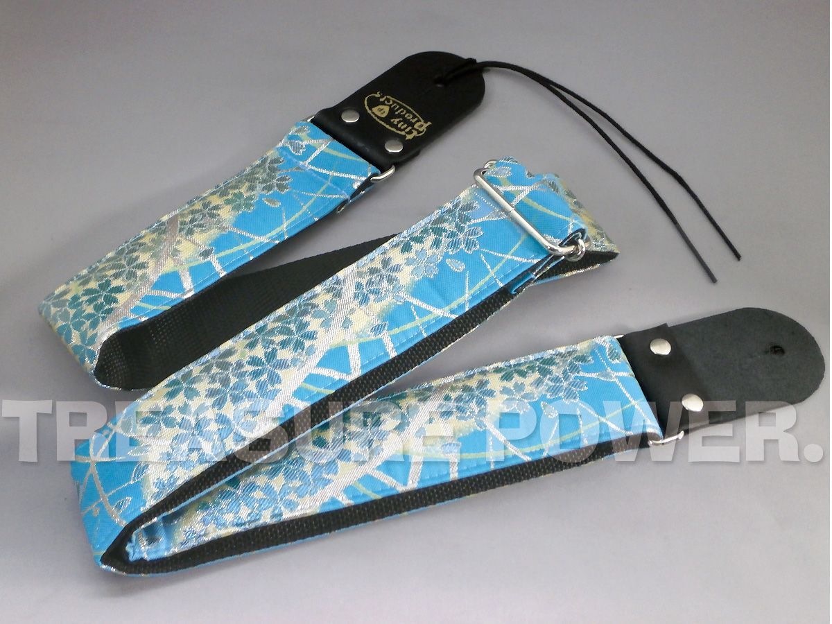 和柄ギターストラップ 扇柄 / 青-黒 京都 西陣織 金襴生地使用 新品 ギター・ベース用ストラップ＊ Guitar/Bass Straps tiny