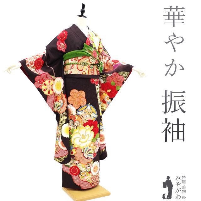 中古】 振袖 リサイクル 着物 袷 正絹 ダークチョコレート